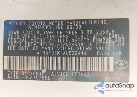 2010 Toyota Camry Le from USA, damaged, VIN 4T1BF3EK1AU539414